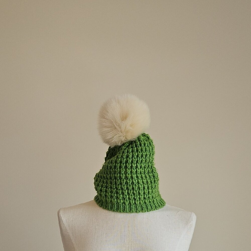 Green Knit Beanie with Cream Pom Pom